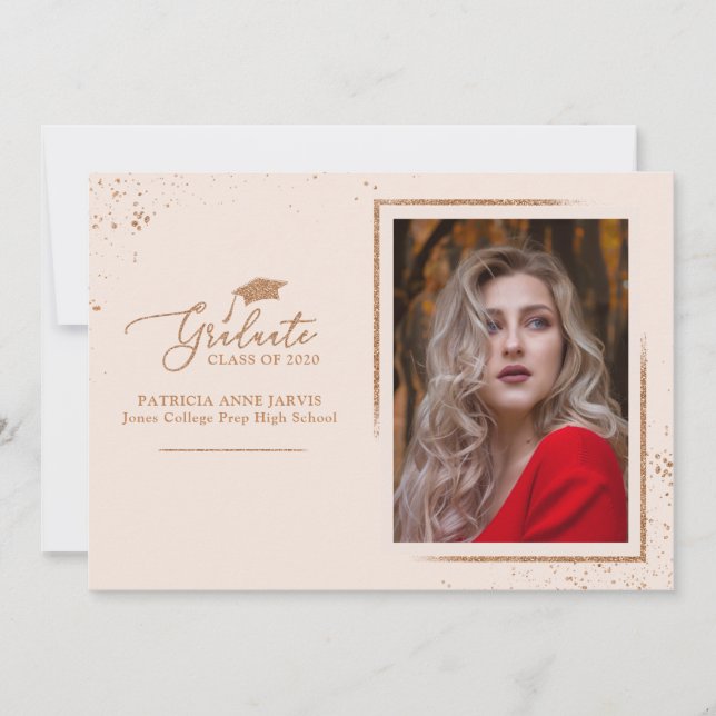 Invitation Annonce de diplômé chic photo pailletée rose gold (Devant)