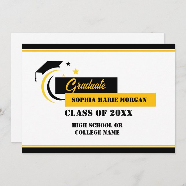 Invitation Annonce de diplômé jaune noir blanc diplômé (Devant / Derrière)