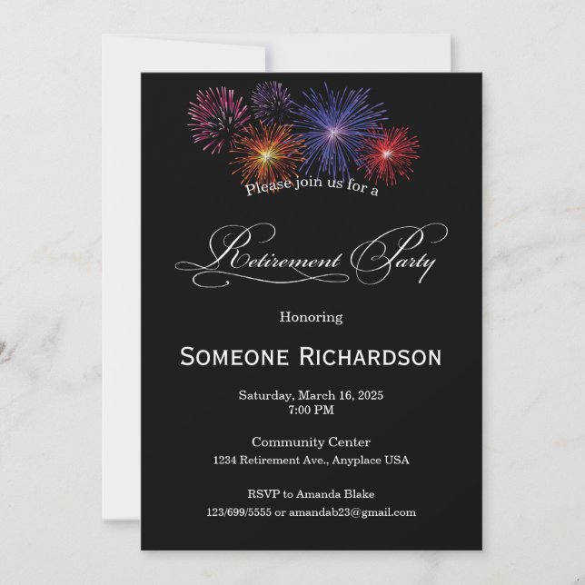 Invitation Annonce de fête de retraite avec feux d'artifice (Devant)