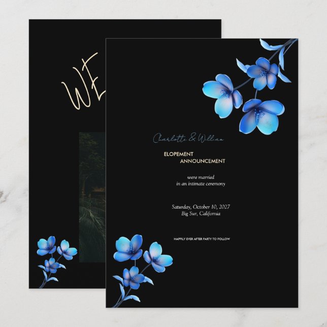 Invitation Annonce de fuite Moody Black & Blue Floral (Devant / Derrière)