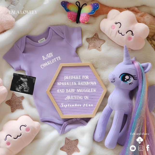 Invitation Annonce de grossesse de licorne magique violette (Créateur téléchargé)