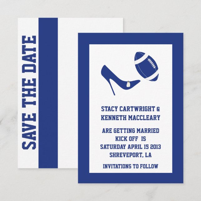 Invitation Annonce de mariage de football bleu, save the date (Devant / Derrière)