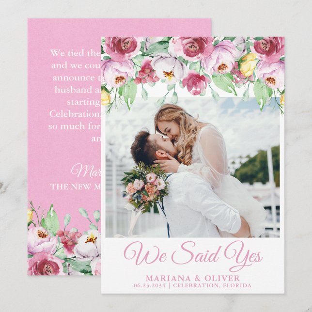 Invitation Annonce de mariage floral aquarelle rose (Devant / Derrière)