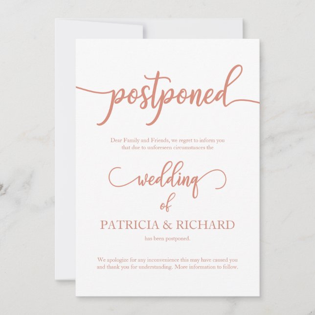 Invitation Annonce de mariage reporté Rose Gold Élégant (Devant)