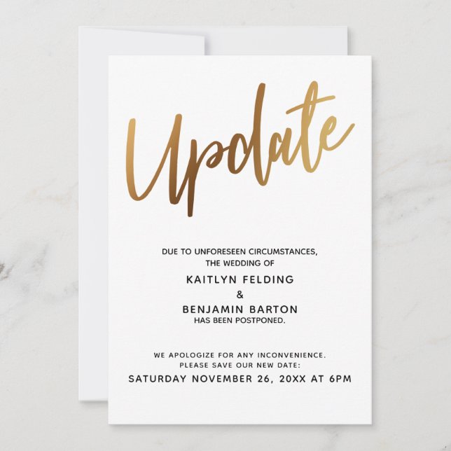 Invitation Annonce de mise à jour de mariage reporté en or (Devant)