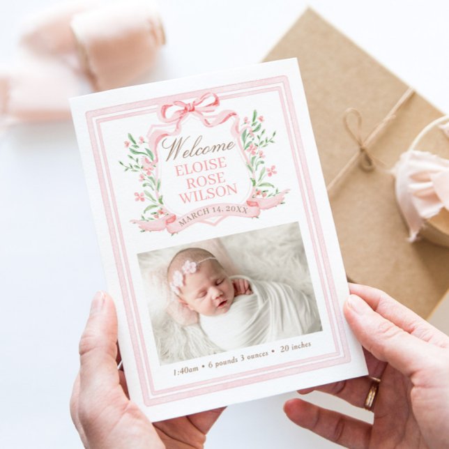 Invitation Annonce de naissance à armoiries aquarelle rose (Créateur téléchargé)