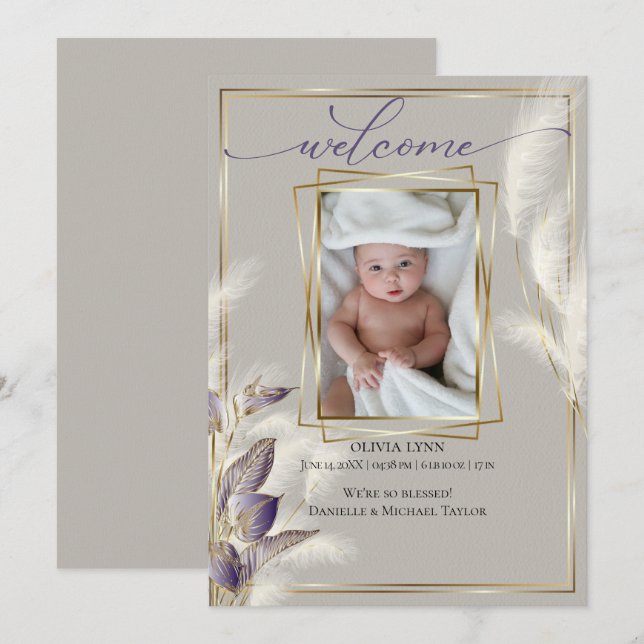 Invitation Annonce de naissance avec photo de bébé et herbe d (Devant / Derrière)