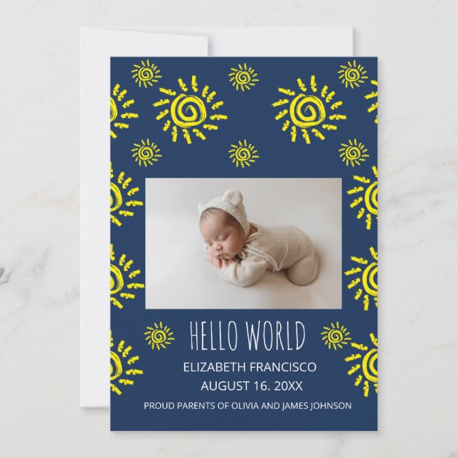 Invitation Annonce de naissance Bébé bleu soleil bohème monde (Devant)