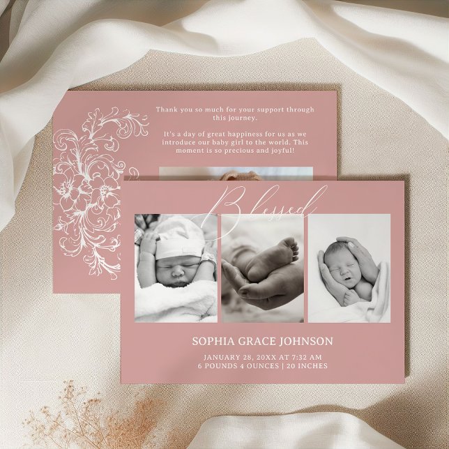 Invitation Annonce de naissance bébé fleuri rose intemporel v (Créateur téléchargé)