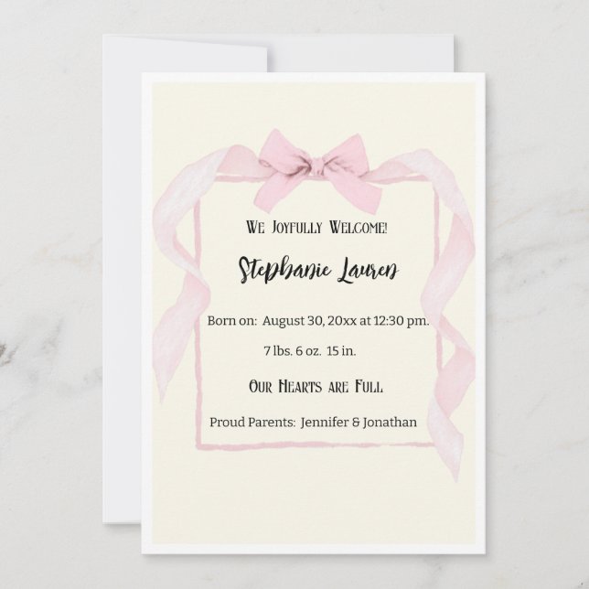 Invitation Annonce de naissance de bébé avec ruban rose (Devant)