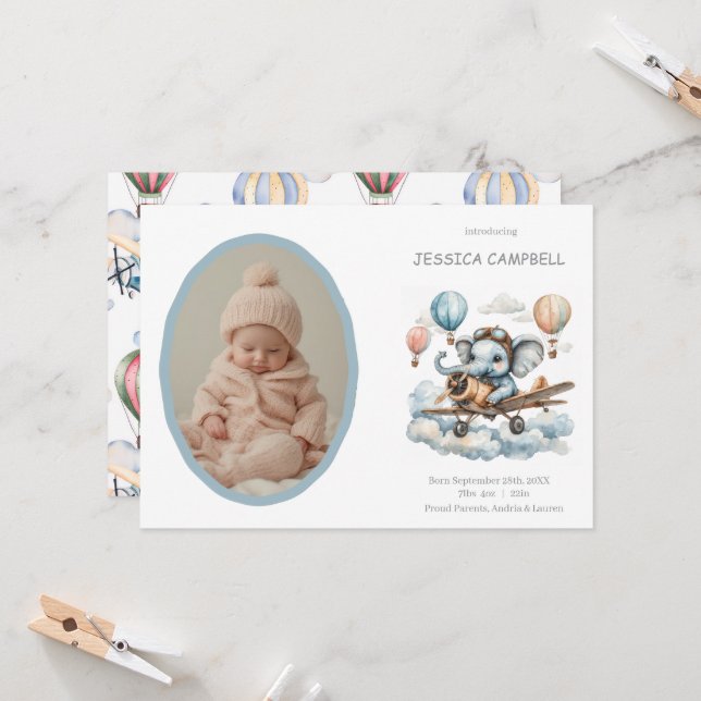 Invitation Annonce de naissance de bébé éléphant volant fanta (Devant/Arrière en situation)