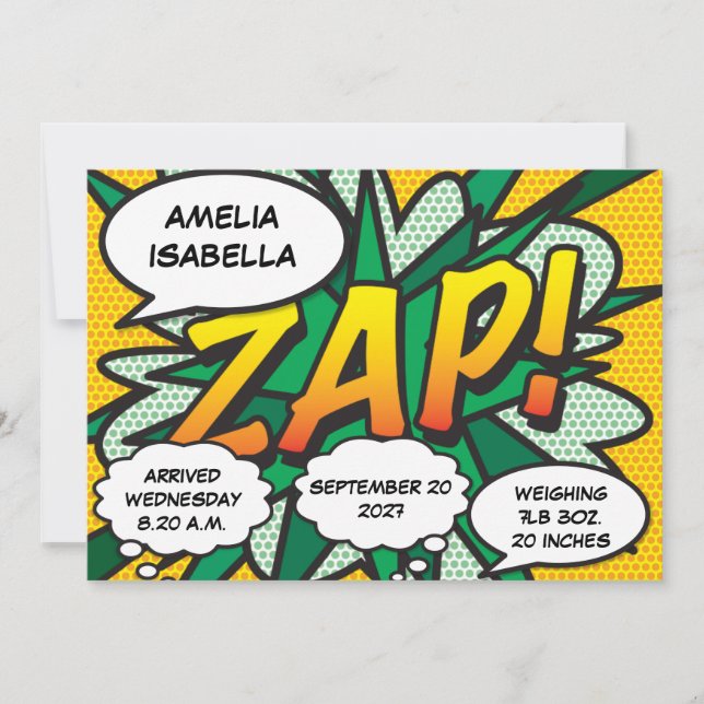 Invitation Annonce de naissance de bébé en bande dessinée Pop (Devant)