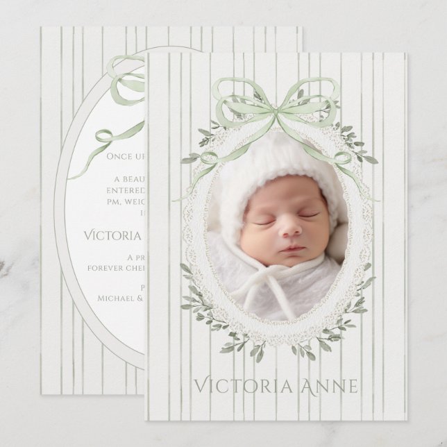Invitation Annonce de naissance de bébé fille au vert sauge é (Devant / Derrière)