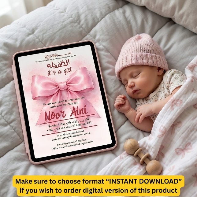 Invitation annonce de naissance de bébé fille musulmane avec  (Créateur téléchargé)