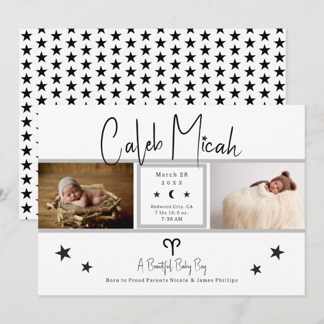 Invitation Annonce de naissance de bébé photo avec les étoile (Devant / Derrière)