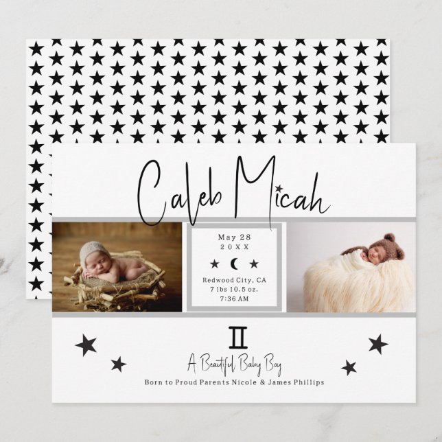 Invitation Annonce de naissance de bébé photo étoiles Gémeaux (Devant / Derrière)