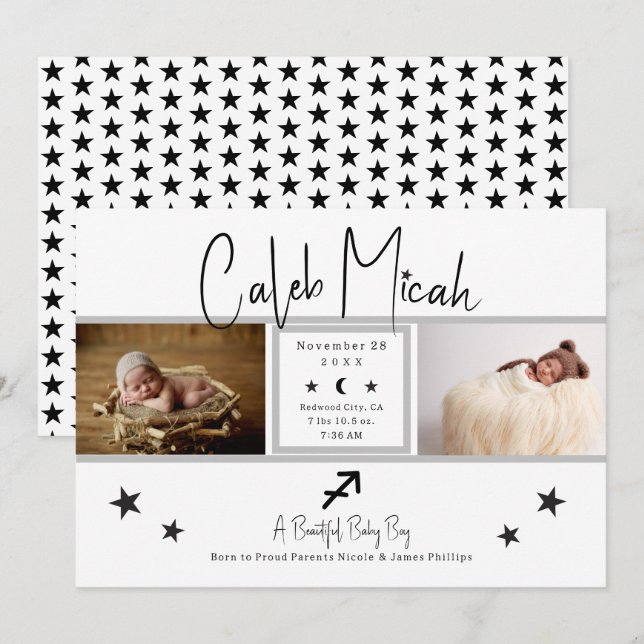 Invitation Annonce de naissance de bébé photo étoiles Sagitta (Devant / Derrière)