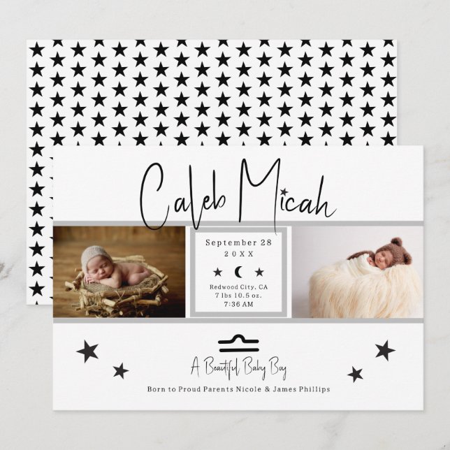 Invitation Annonce de naissance de bébé photo Libra Stars (Devant / Derrière)