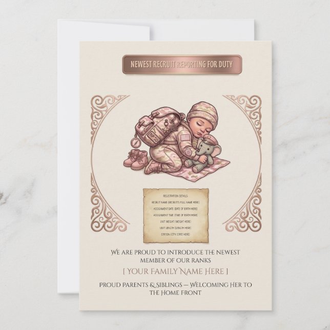 Invitation Annonce de naissance de nouvelle recrue fille camo (Devant)