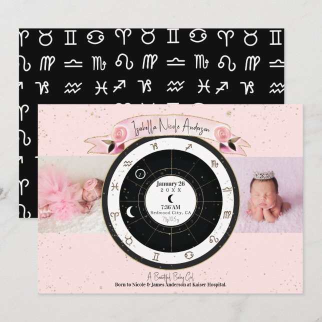 Invitation Annonce de naissance personnalisée Rose Astrologie (Devant / Derrière)
