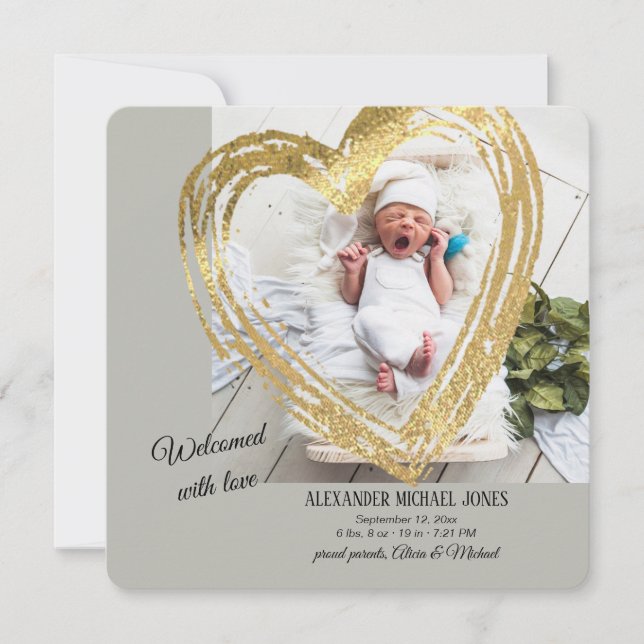 Invitation Annonce de naissance photo Cœur d'or (Devant)
