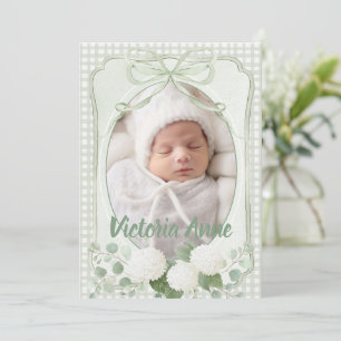 Invitation Annonce de naissance vintage florale en gingham ve