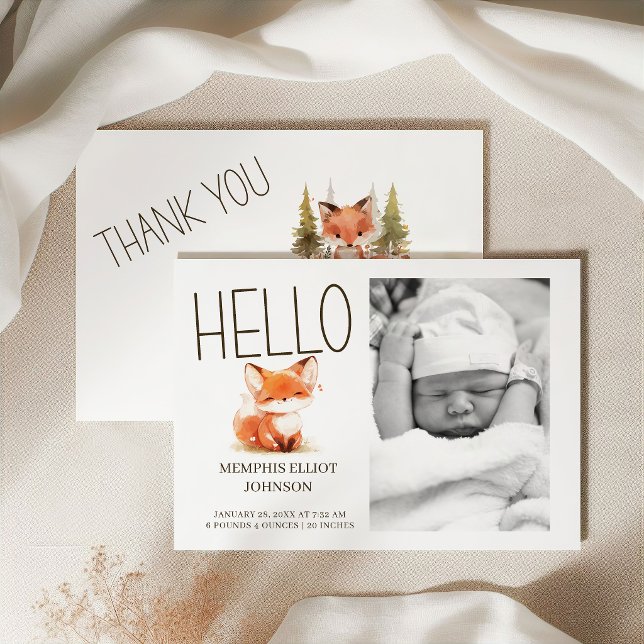 Invitation Annonce de photo de bébé Hello Little Fox Mignon (Créateur téléchargé)