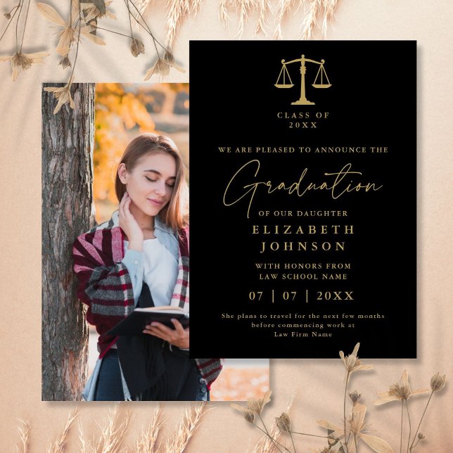 Invitation Annonce de photo de remise de diplôme en droit noi (Black And Gold Law Graduation Photo Announcement)