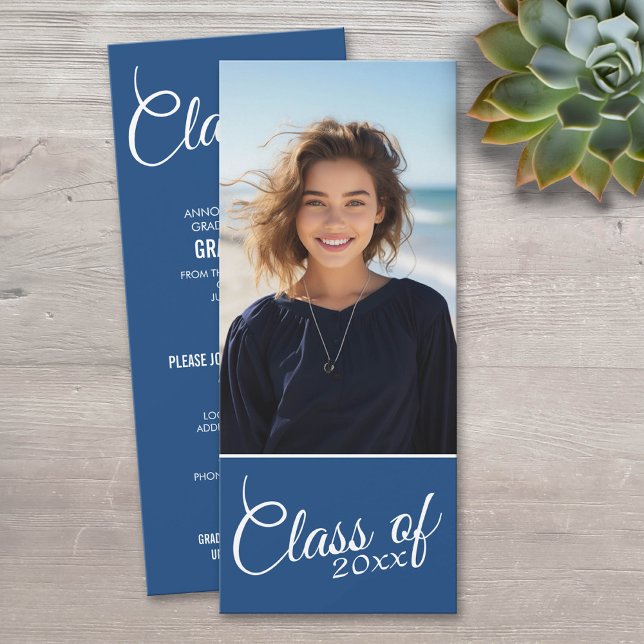 Invitation Annonce de photo de remise de diplômes bleu royal  (Classic Photo Graduation Announcement)
