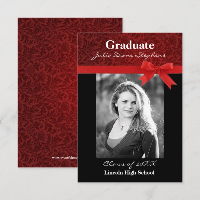 Invitation Annonce de remise de diplôme 3x5 - Damassé rouge & (Devant / Derrière)