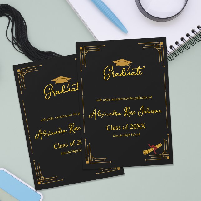 Invitation Annonce de remise de diplôme au lycée Noir & Or (Black & Gold High School Graduation Announcement | Elegant Art Deco Graduate Card)