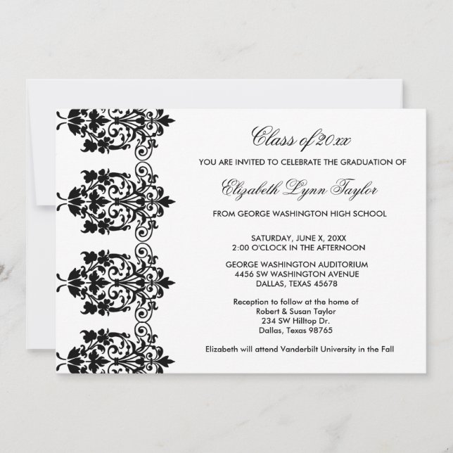 Invitation Annonce de remise de diplôme avec bordure en damas (Devant)