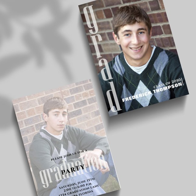 Invitation Annonce de remise de diplôme avec deux photos mini (Vertical graduation announcement card with senior portrait and modern grad typography.)