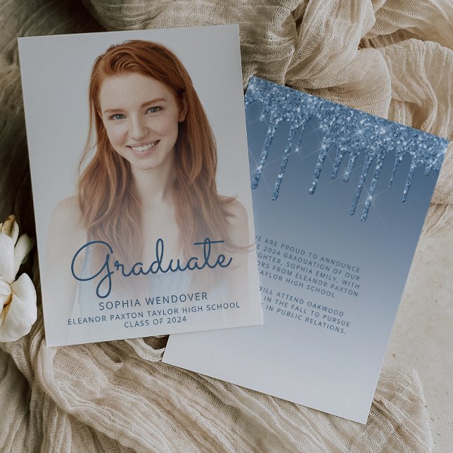 Invitation Annonce de remise de diplôme avec paillettes bleue (Créateur téléchargé)