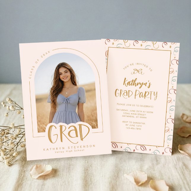 Invitation Annonce de remise de diplôme avec photo rose moder (Front + Back View)