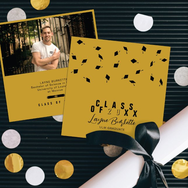 Invitation Annonce de remise de diplôme Cap Toss noir et or (Créateur téléchargé)