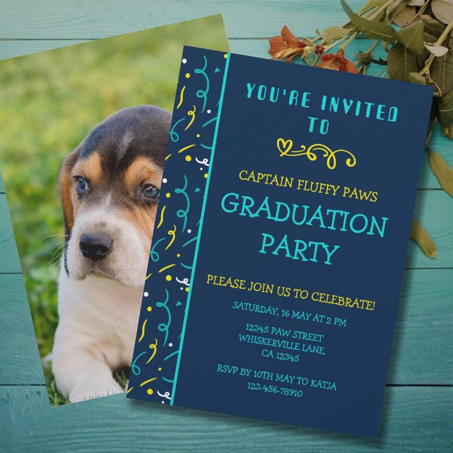 Invitation Annonce de remise de diplôme de chien Confettis bl (Dog graduation Announcement in colorful yellow and blue with confetti)