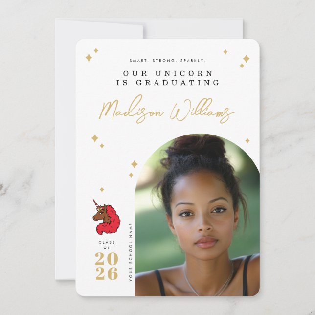 Invitation Annonce de remise de diplôme de licorne afro rouge (Devant)