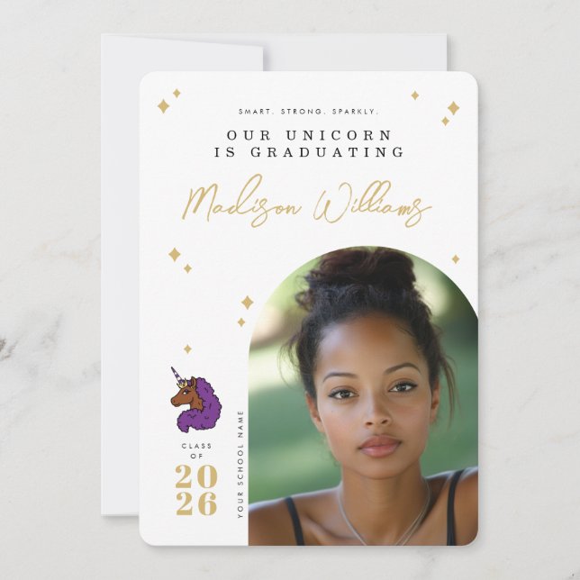 Invitation Annonce de remise de diplôme de licorne afro viole (Devant)