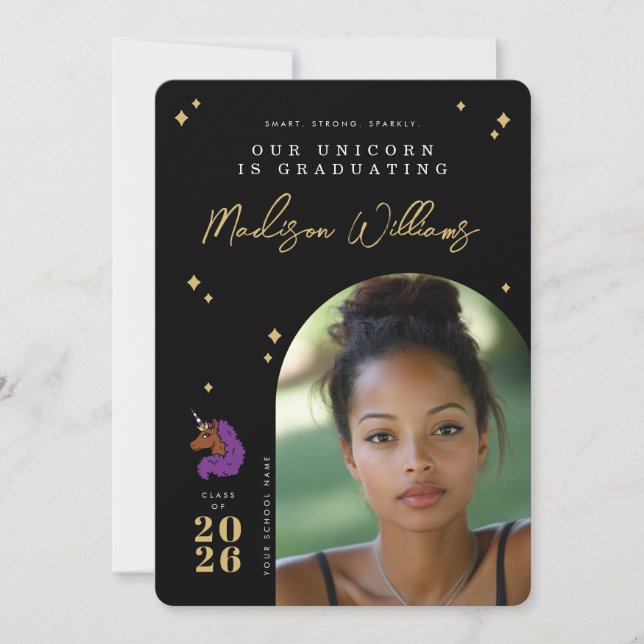 Invitation Annonce de remise de diplôme de Licorne Afro Viole (Devant)
