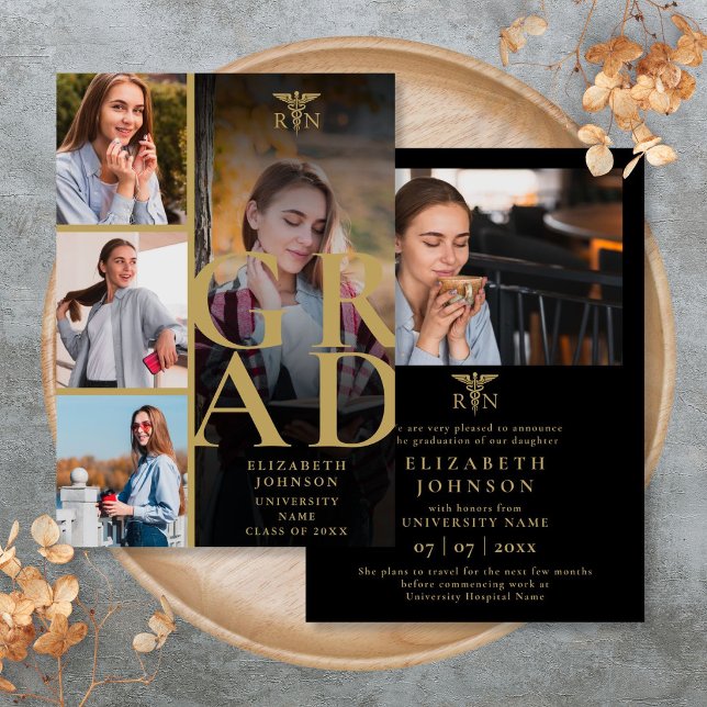 Invitation Annonce de remise de diplôme d'infirmière Photo Or (Black Gold 5 Photo Nursing Graduation Announcement)