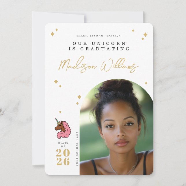 Invitation Annonce de remise de diplôme Licorne Afro Rose Cla (Devant)