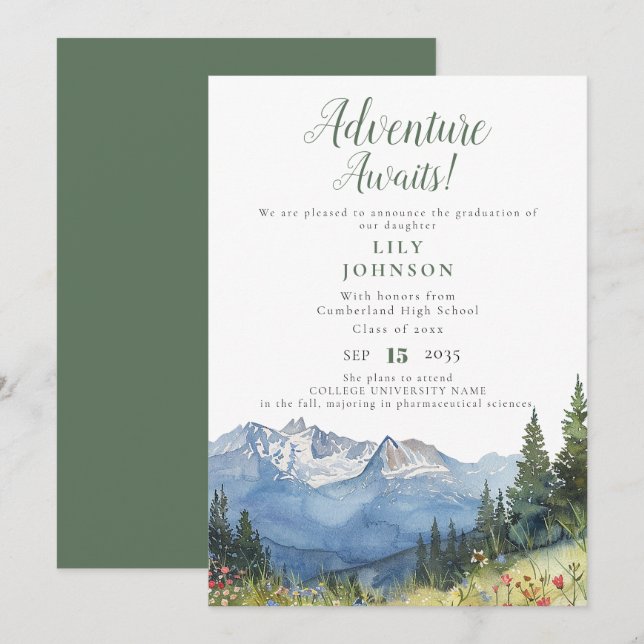 Invitation Annonce de remise de diplôme Montagnes Aventure en (Devant / Derrière)