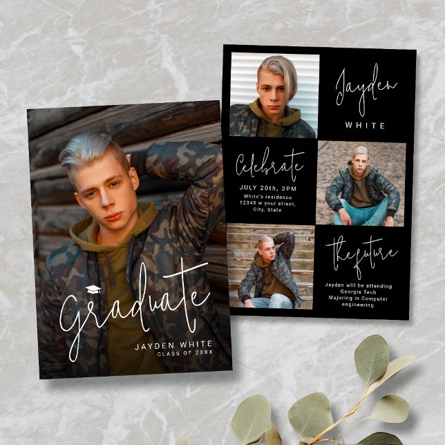 Invitation Annonce de remise de diplôme photo Script Moderne  (Modern Script 4 Photo Graduation Announcement)