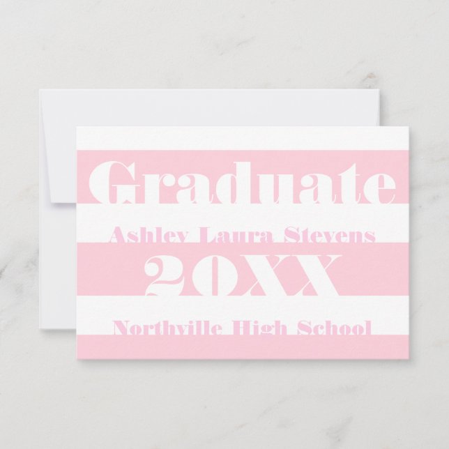 Invitation Annonce de remise de diplôme - Rayure rose et blan (Devant)