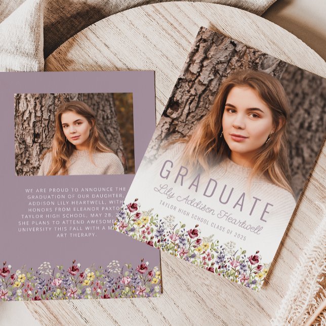Invitation Annonce de remise de diplômes Boho Wildflower Mauv (Créateur téléchargé)