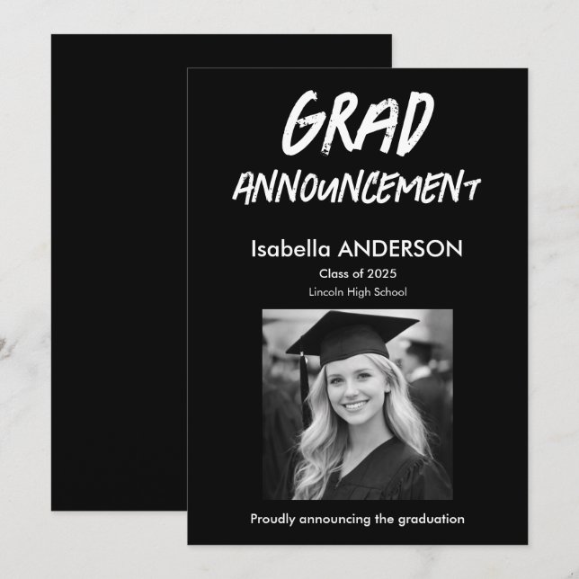 Invitation Annonce de remise de diplômes noir et blanc modern (Devant / Derrière)