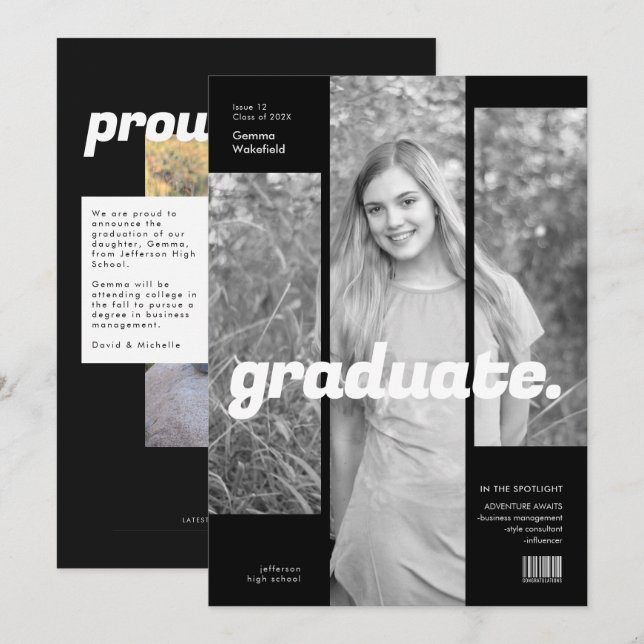 Invitation Annonce de remise de diplômes Simple Black Magazin (Devant / Derrière)