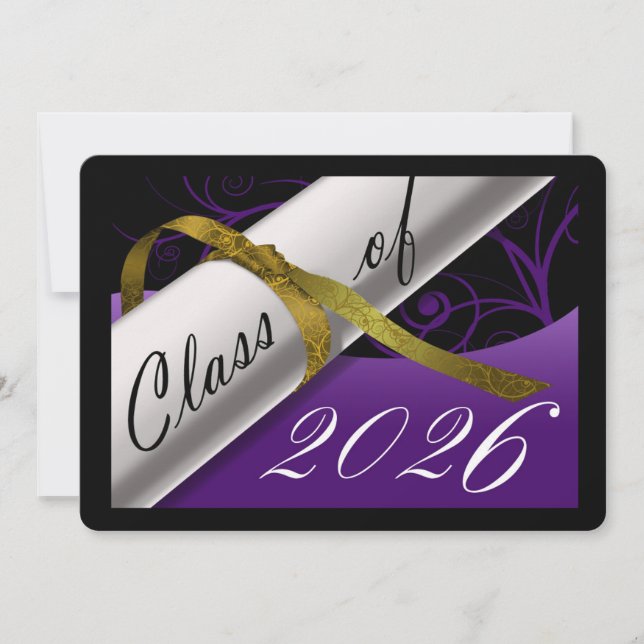 Invitation Annonce de remise des diplômes violet et or (Devant)