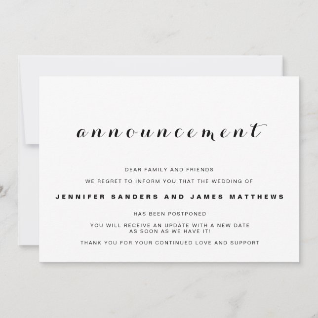 Invitation Annonce de report d'annulation de mariage (Devant)